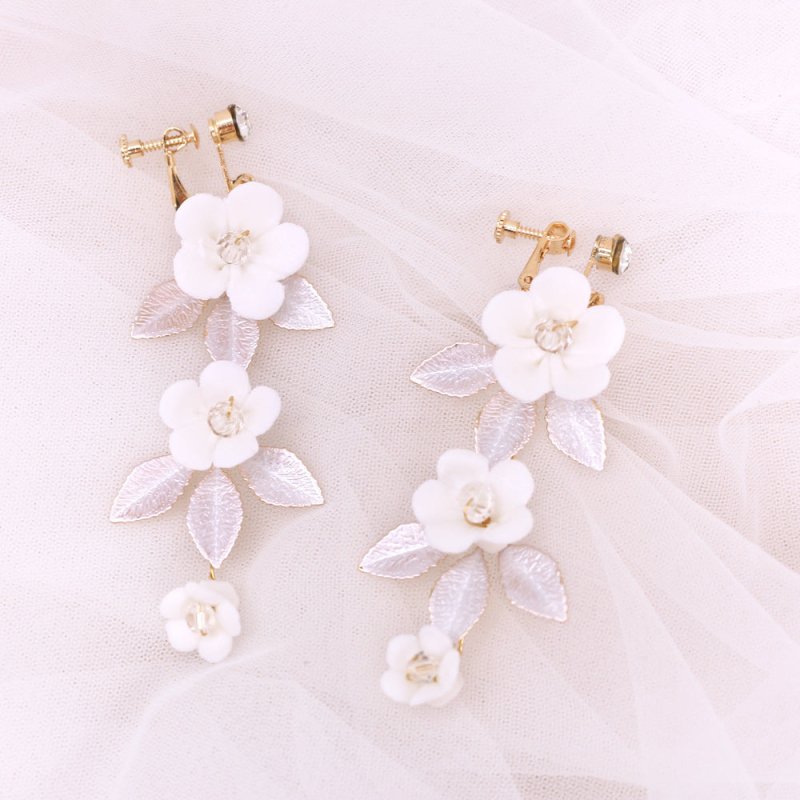 White Flower Earrings - Ceramic Leaf-Jewearrings