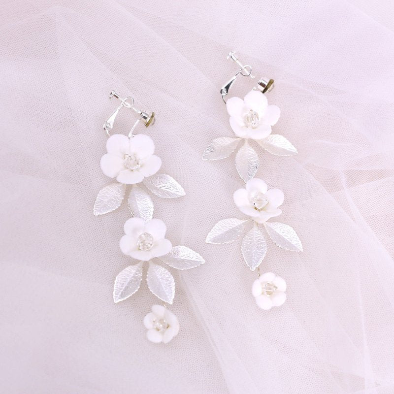 White Flower Earrings - Ceramic Leaf-Jewearrings