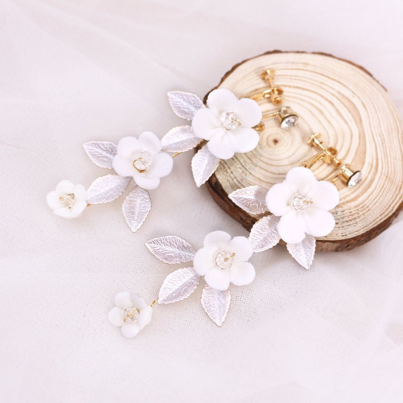 White Flower Earrings - Ceramic Leaf-Jewearrings