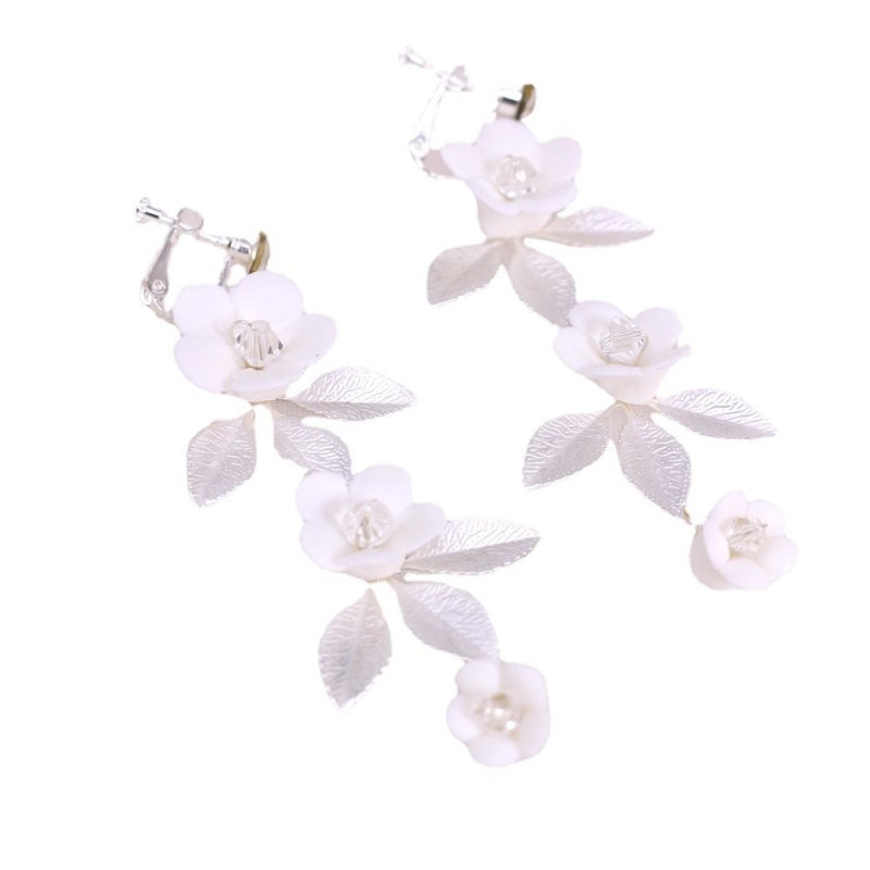 White Flower Earrings - Ceramic Leaf-Jewearrings