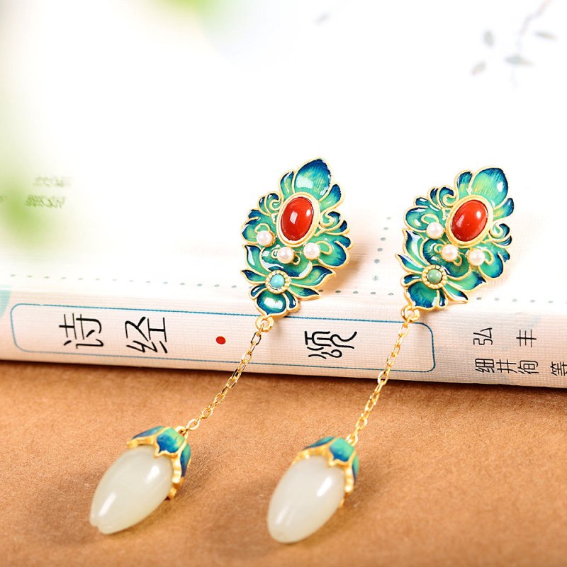 White Flower Earrings - Inlaid Jade-Jewearrings