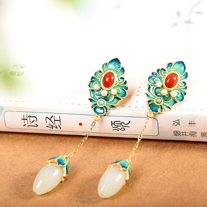 White Flower Earrings - Inlaid Jade-Jewearrings