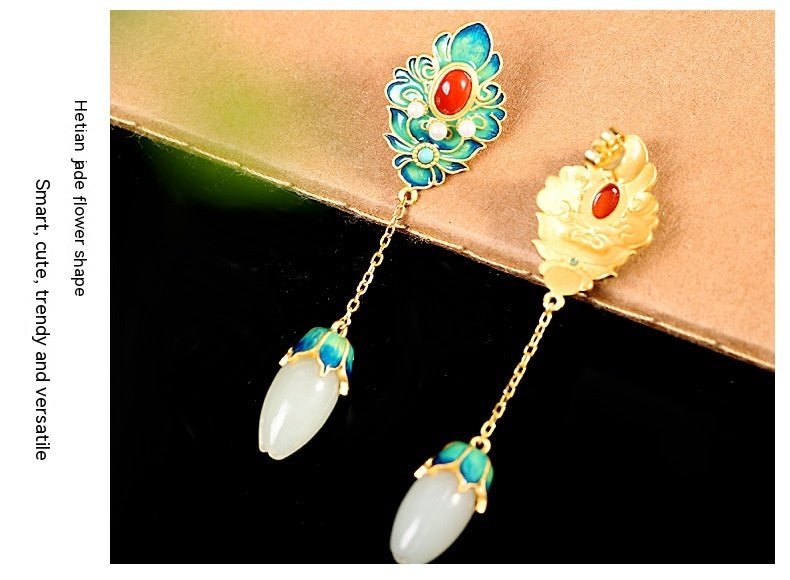 White Flower Earrings - Inlaid Jade-Jewearrings