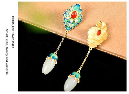 White Flower Earrings - Inlaid Jade-Jewearrings