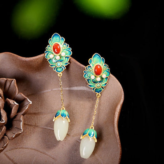 White Flower Earrings - Inlaid Jade-Jewearrings