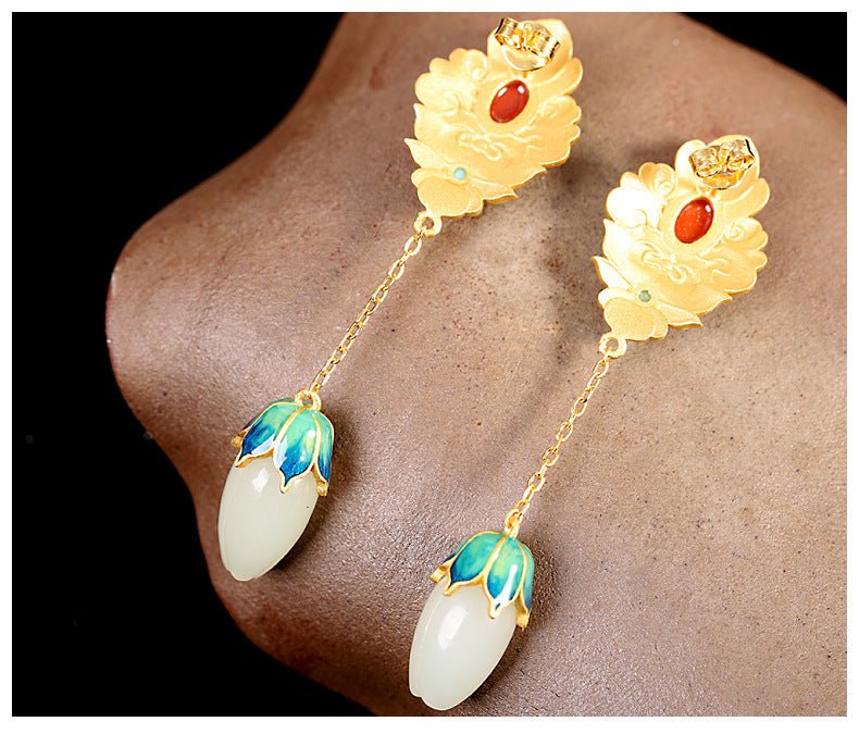 White Flower Earrings - Inlaid Jade-Jewearrings