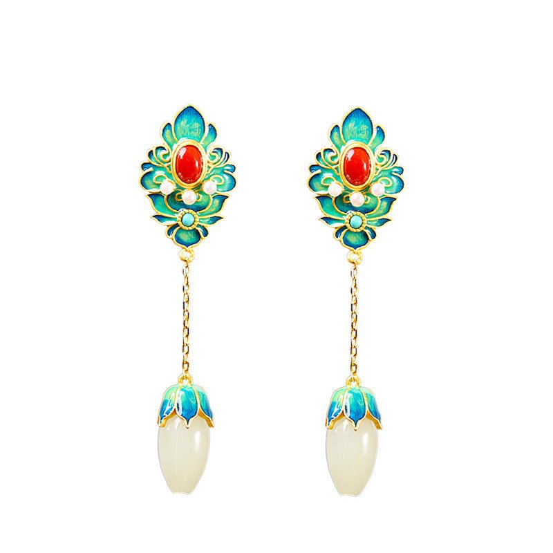 White Flower Earrings - Inlaid Jade-Jewearrings