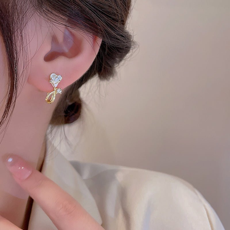 White Flower Earrings - Rose Stud Zircon-Jewearrings