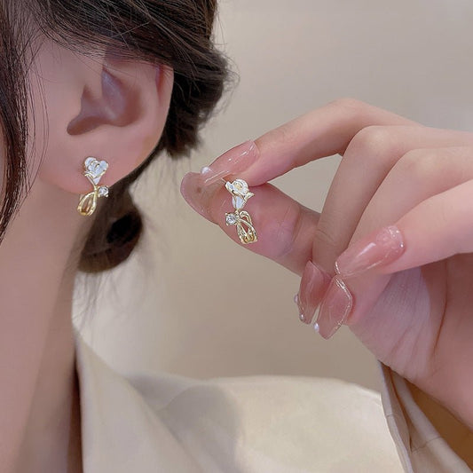 White Flower Earrings - Rose Stud Zircon-Jewearrings