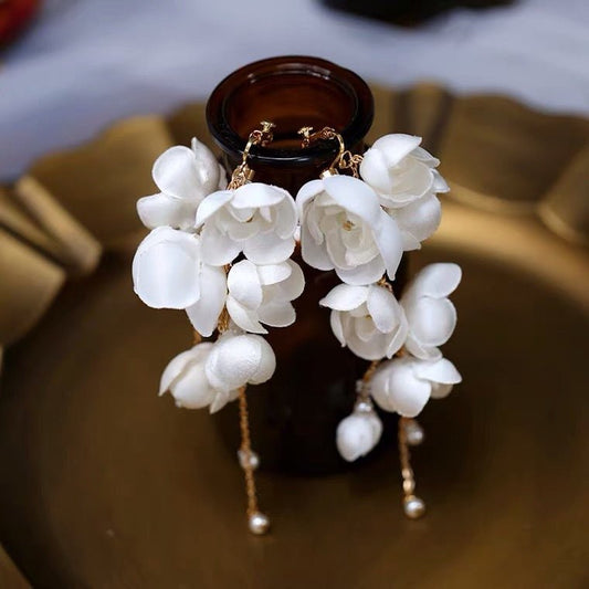 White Flower Earrings - Wedding Tassel-Jewearrings