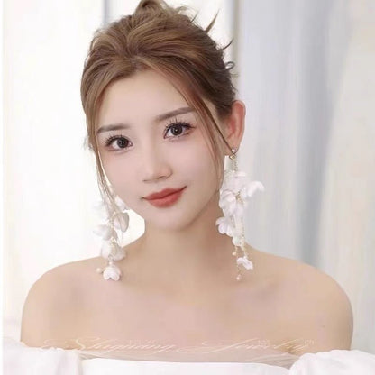 White Flower Earrings - Wedding Tassel-Jewearrings