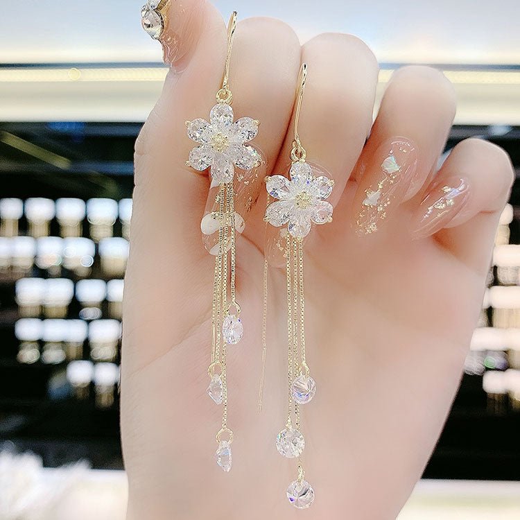 White Flower Earrings Zircon Temperament Tassel-Jewearrings