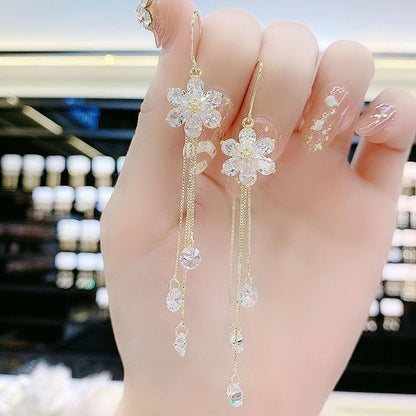 White Flower Earrings Zircon Temperament Tassel-Jewearrings