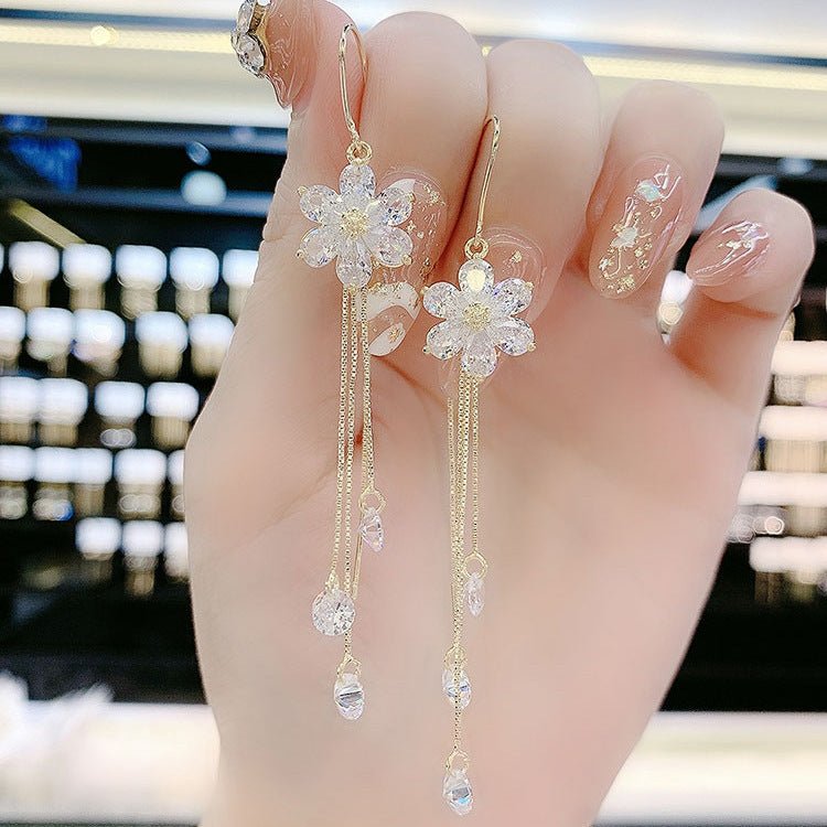 White Flower Earrings Zircon Temperament Tassel-Jewearrings