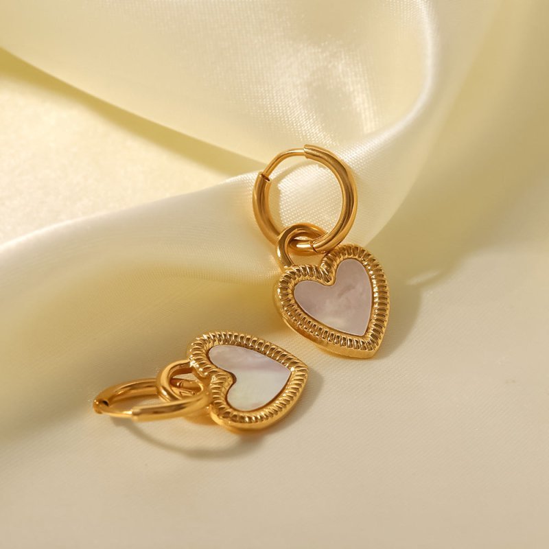 White Natural Shell Heart-shaped Lock Design Pendant Earrings-Jewearrings