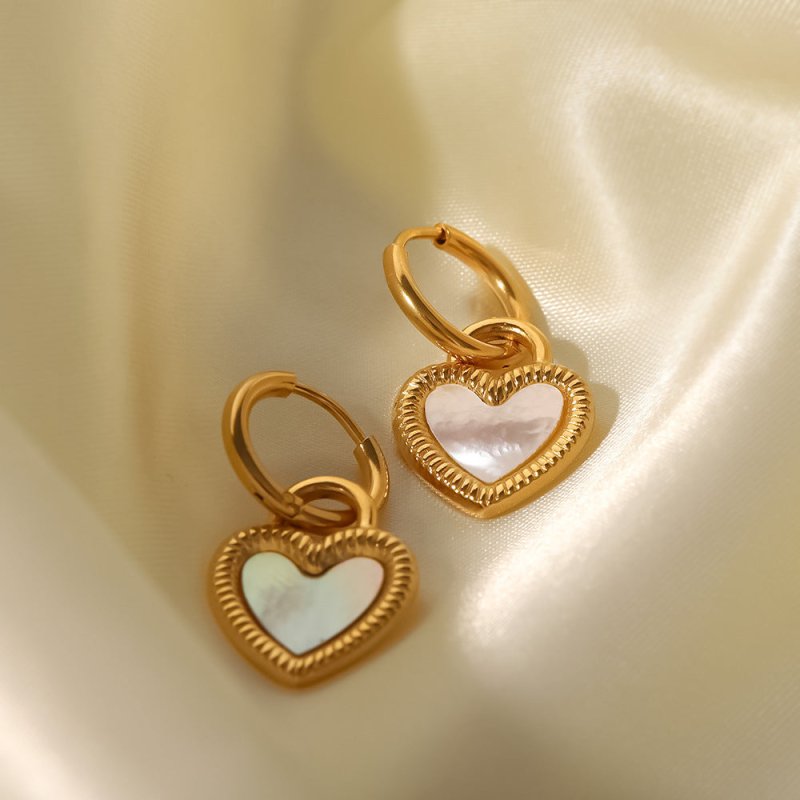 White Natural Shell Heart-shaped Lock Design Pendant Earrings-Jewearrings