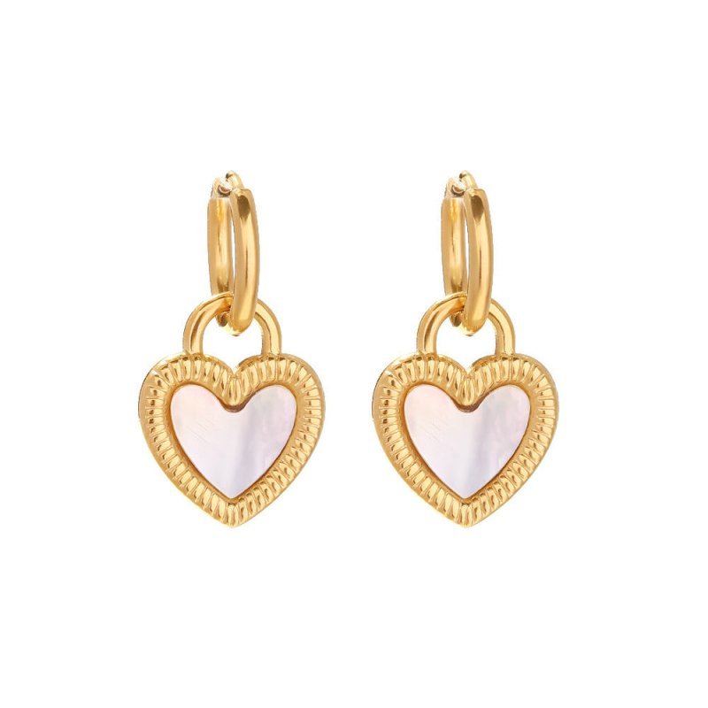 White Natural Shell Heart-shaped Lock Design Pendant Earrings-Jewearrings