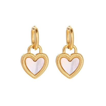 White Natural Shell Heart-shaped Lock Design Pendant Earrings-Jewearrings