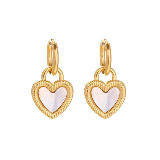 White Natural Shell Heart-shaped Lock Design Pendant Earrings-Jewearrings