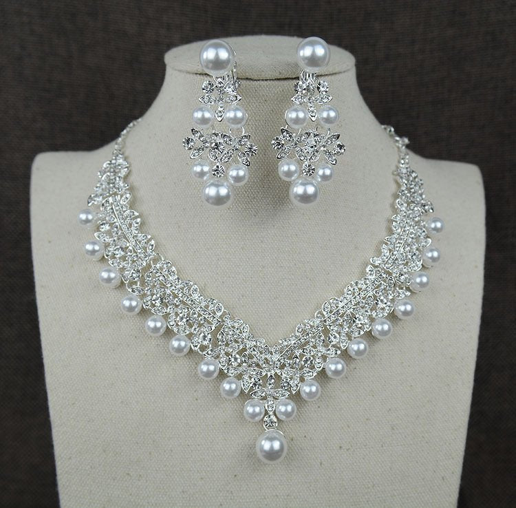 White pearl necklace diamond suit bride wedding accessories hair earrings set 0284-Jewearrings