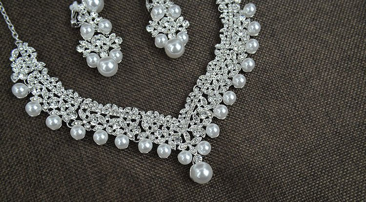 White pearl necklace diamond suit bride wedding accessories hair earrings set 0284-Jewearrings