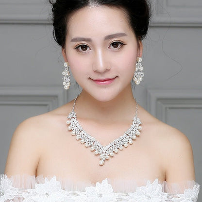 White pearl necklace diamond suit bride wedding accessories hair earrings set 0284-Jewearrings