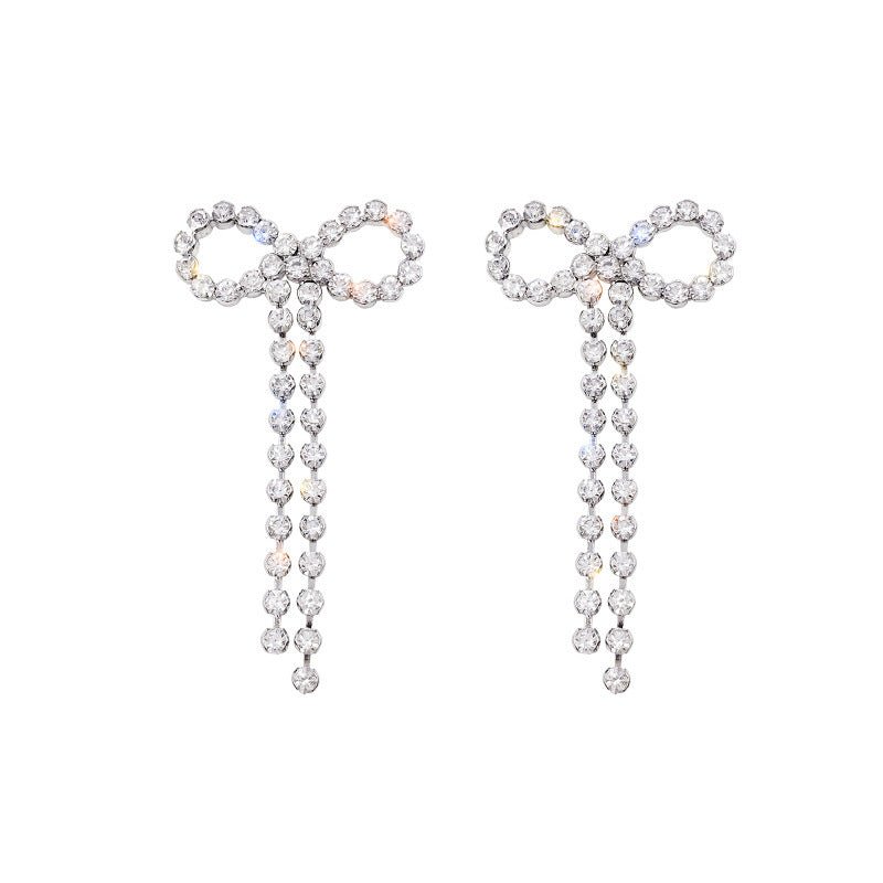 Women's Bow Long Glitter Diamond Tassel Earrings-Jewearrings