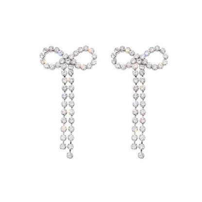 Women's Bow Long Glitter Diamond Tassel Earrings-Jewearrings