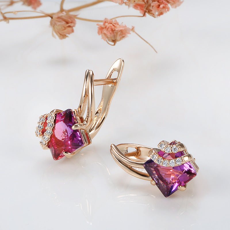 Women's Creative Popular Rose Gold Square Red Crystal Diamond Earrings Factory Wholesale-Jewearrings