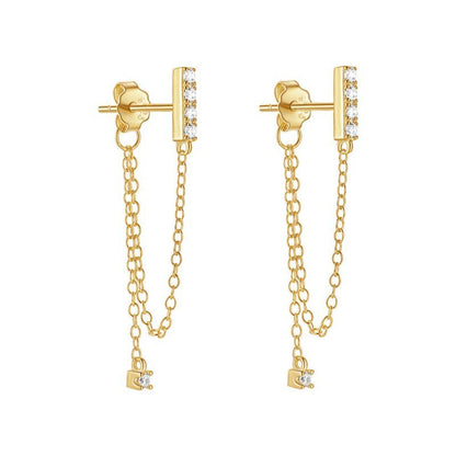 Women's Diamond Double Chain Tassel Stud Earrings-Jewearrings