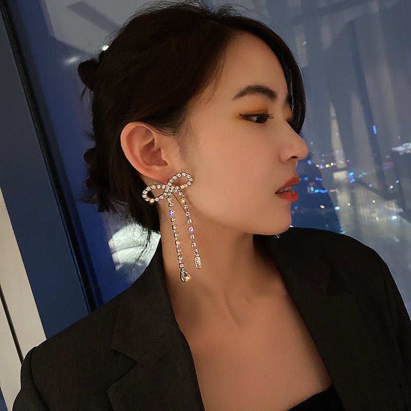 Women's Elegant Silver Needle Bow Long Tassel Earrings-Jewearrings