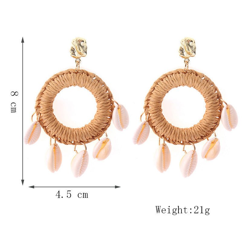 Women's Exaggerated Geometric Round Shell Rattan Earrings-Jewearrings