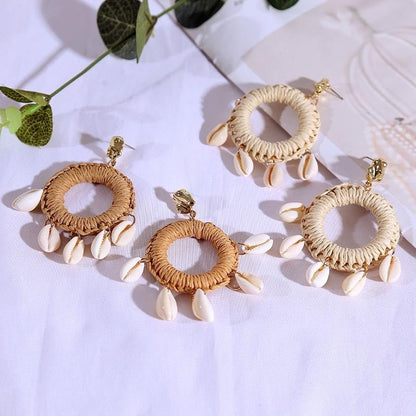 Women's Exaggerated Geometric Round Shell Rattan Earrings-Jewearrings