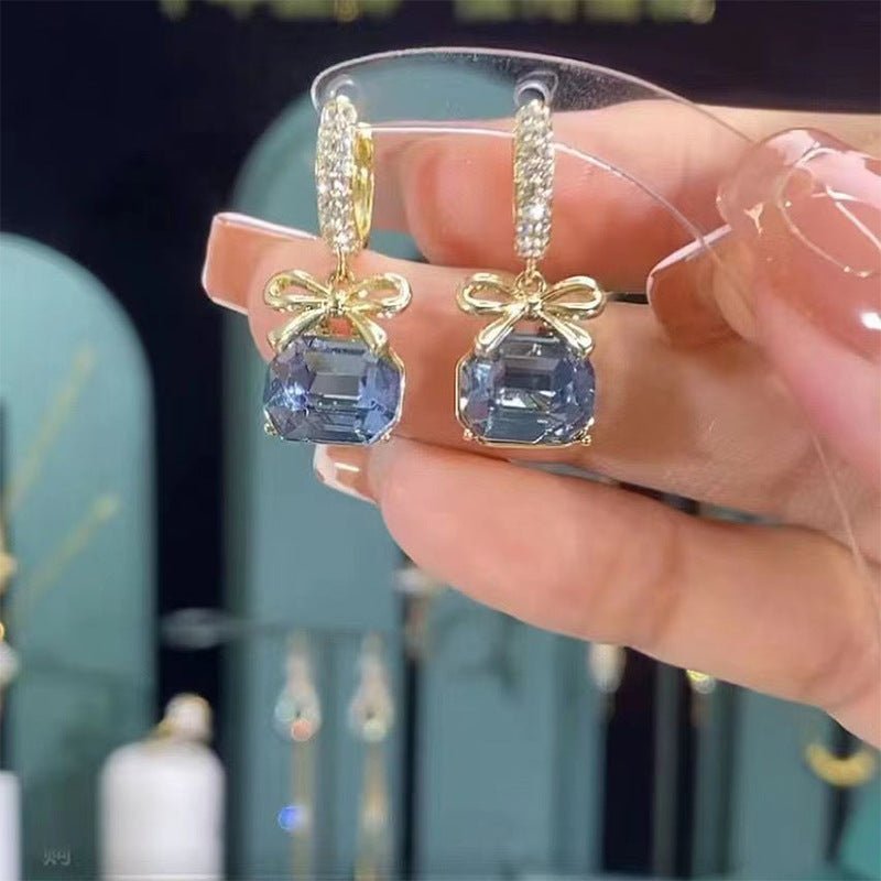 Women's Fashion Blue Crystal Bow Earrings-Jewearrings