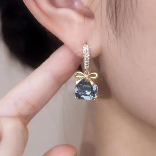 Women's Fashion Blue Crystal Bow Earrings-Jewearrings