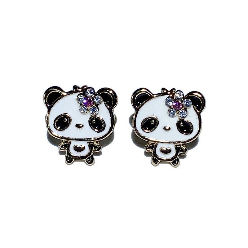 Women's Fashion Flower Bow Tie Lesser Panda Stud Earrings-Jewearrings