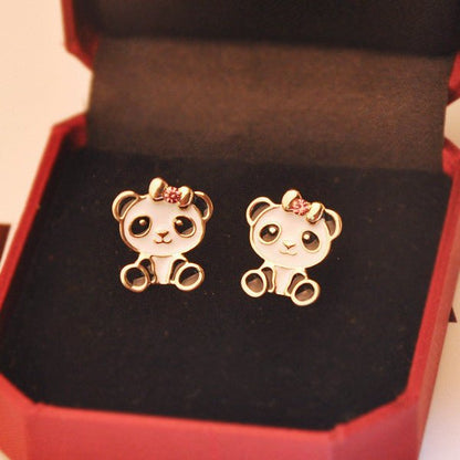 Women's Fashion Flower Bow Tie Lesser Panda Stud Earrings-Jewearrings