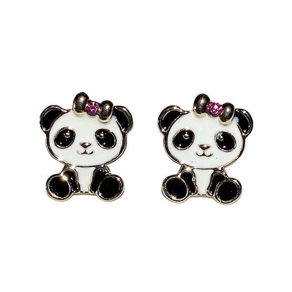 Women's Fashion Flower Bow Tie Lesser Panda Stud Earrings-Jewearrings