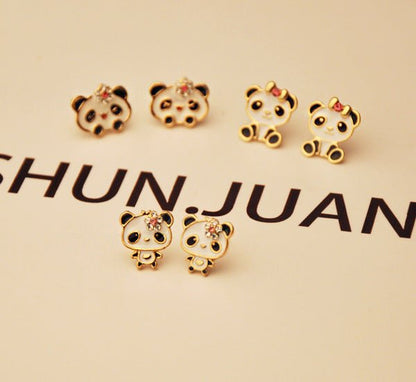 Women's Fashion Flower Bow Tie Lesser Panda Stud Earrings-Jewearrings