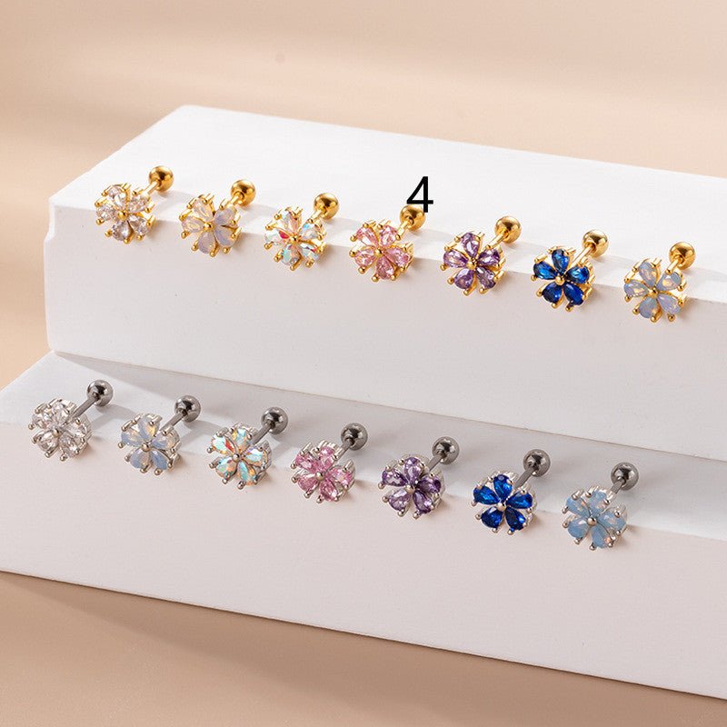 Women's Fashion Stainless Steel Pear Shaped Opal Zircon Flower Stud Earrings-Jewearrings