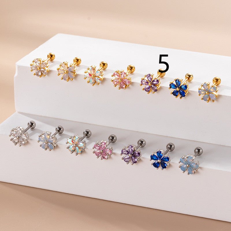 Women's Fashion Stainless Steel Pear Shaped Opal Zircon Flower Stud Earrings-Jewearrings