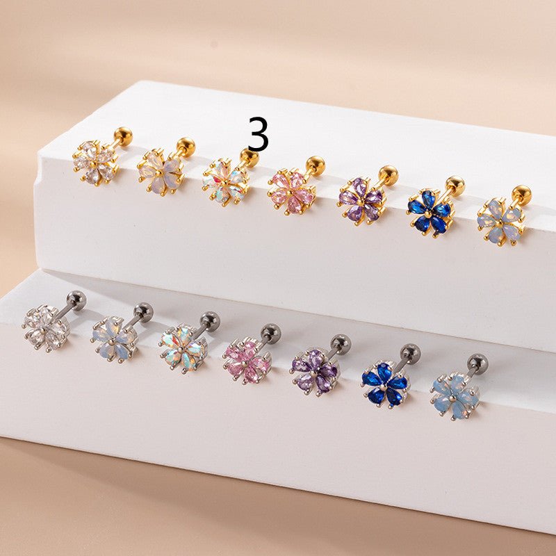 Women's Fashion Stainless Steel Pear Shaped Opal Zircon Flower Stud Earrings-Jewearrings