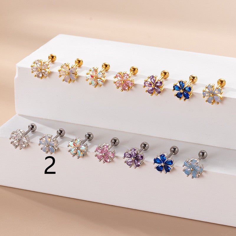 Women's Fashion Stainless Steel Pear Shaped Opal Zircon Flower Stud Earrings-Jewearrings