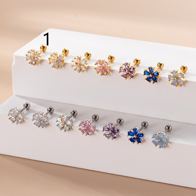 Women's Fashion Stainless Steel Pear Shaped Opal Zircon Flower Stud Earrings-Jewearrings