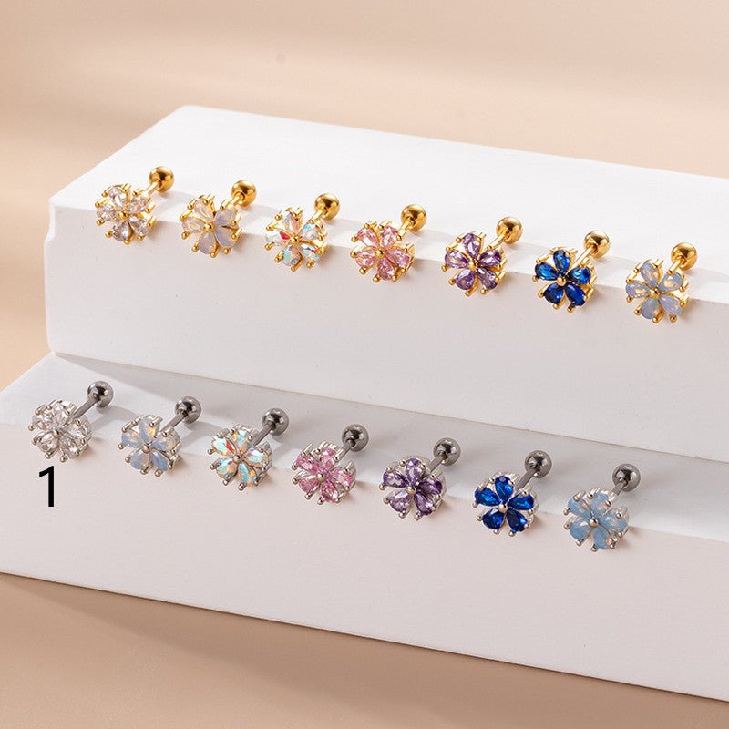 Women's Fashion Stainless Steel Pear Shaped Opal Zircon Flower Stud Earrings-Jewearrings