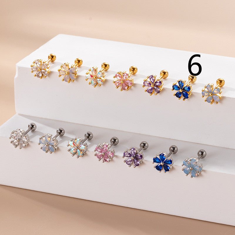 Women's Fashion Stainless Steel Pear Shaped Opal Zircon Flower Stud Earrings-Jewearrings