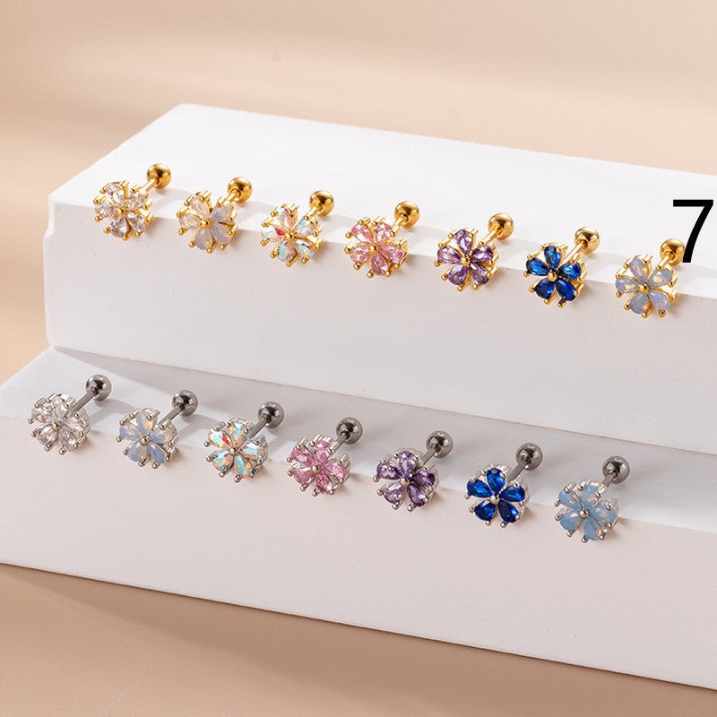 Women's Fashion Stainless Steel Pear Shaped Opal Zircon Flower Stud Earrings-Jewearrings