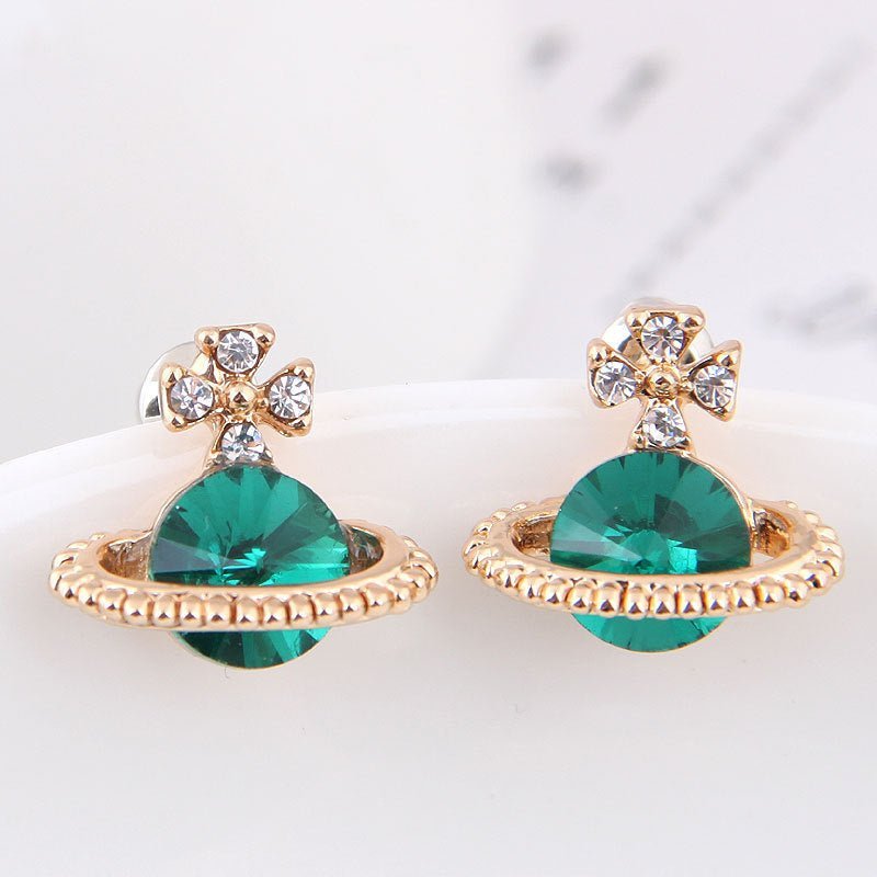 Women's Green Diamond Saturn Stud Earrings-Jewearrings