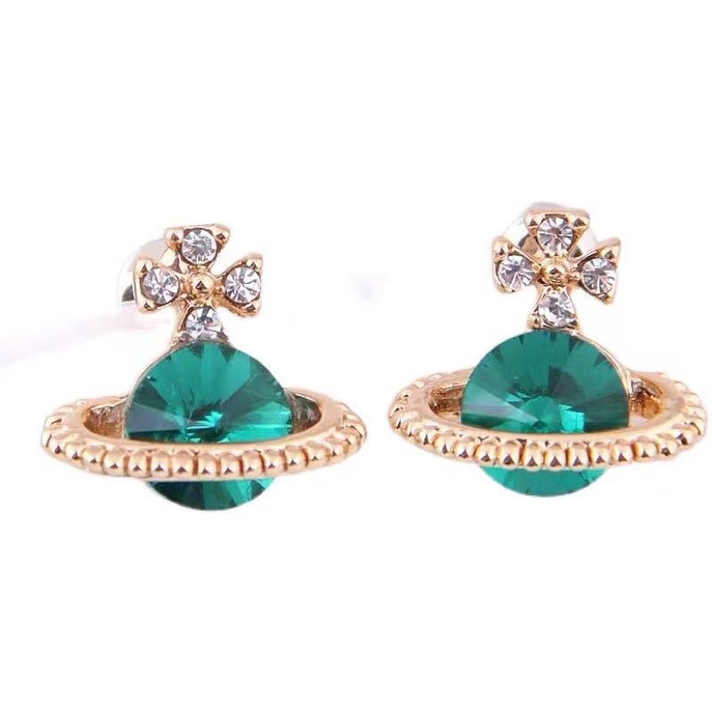 Women's Green Diamond Saturn Stud Earrings-Jewearrings