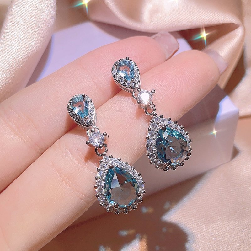 Women's Inlaid Blue Zircon Ring Earrings Necklace-Jewearrings